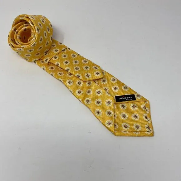 NEW kiton golden yellow print 100% silk mens neck tie
